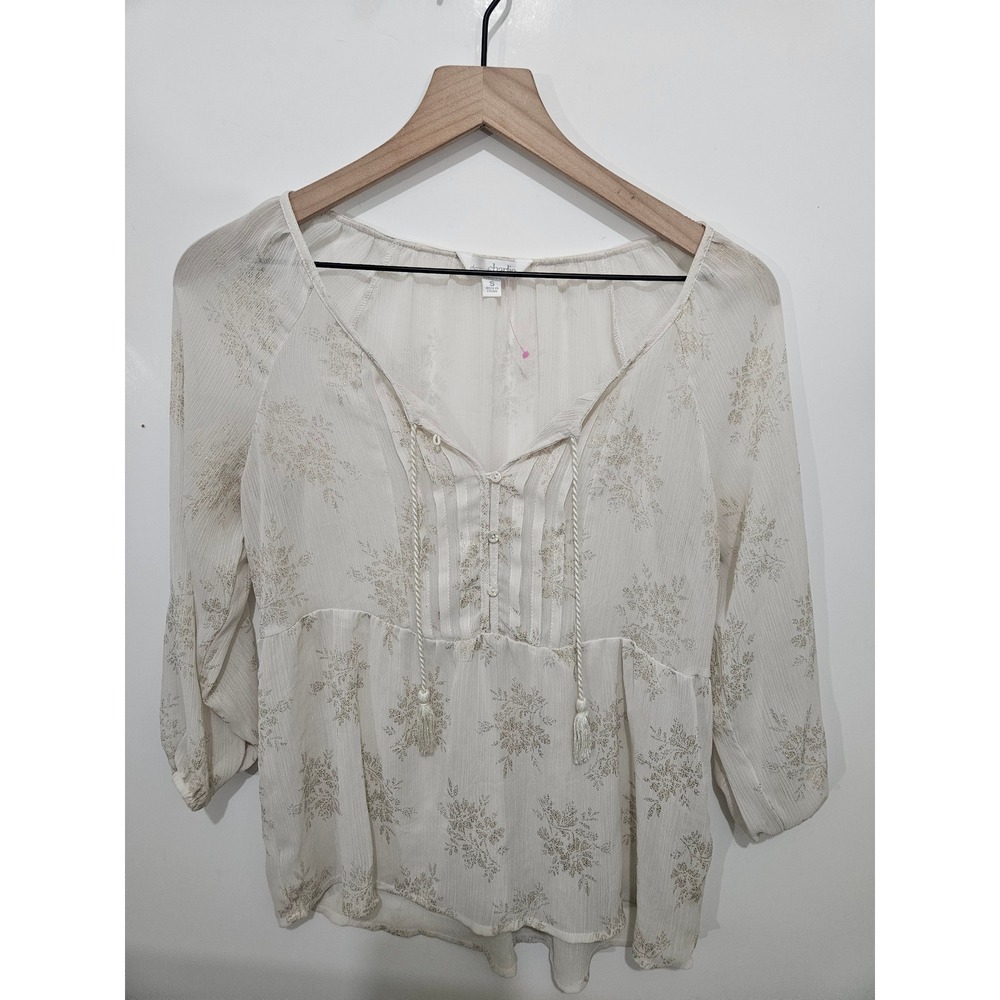 Charming Charlie Cream Gold Metallic Floral Peasant Blouse Tassel Top Small